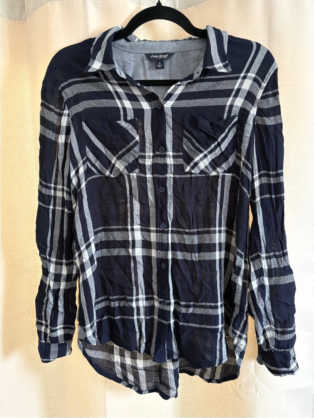 Lucky Brand Navy and White Plaid Button-Down Shirt Size Small